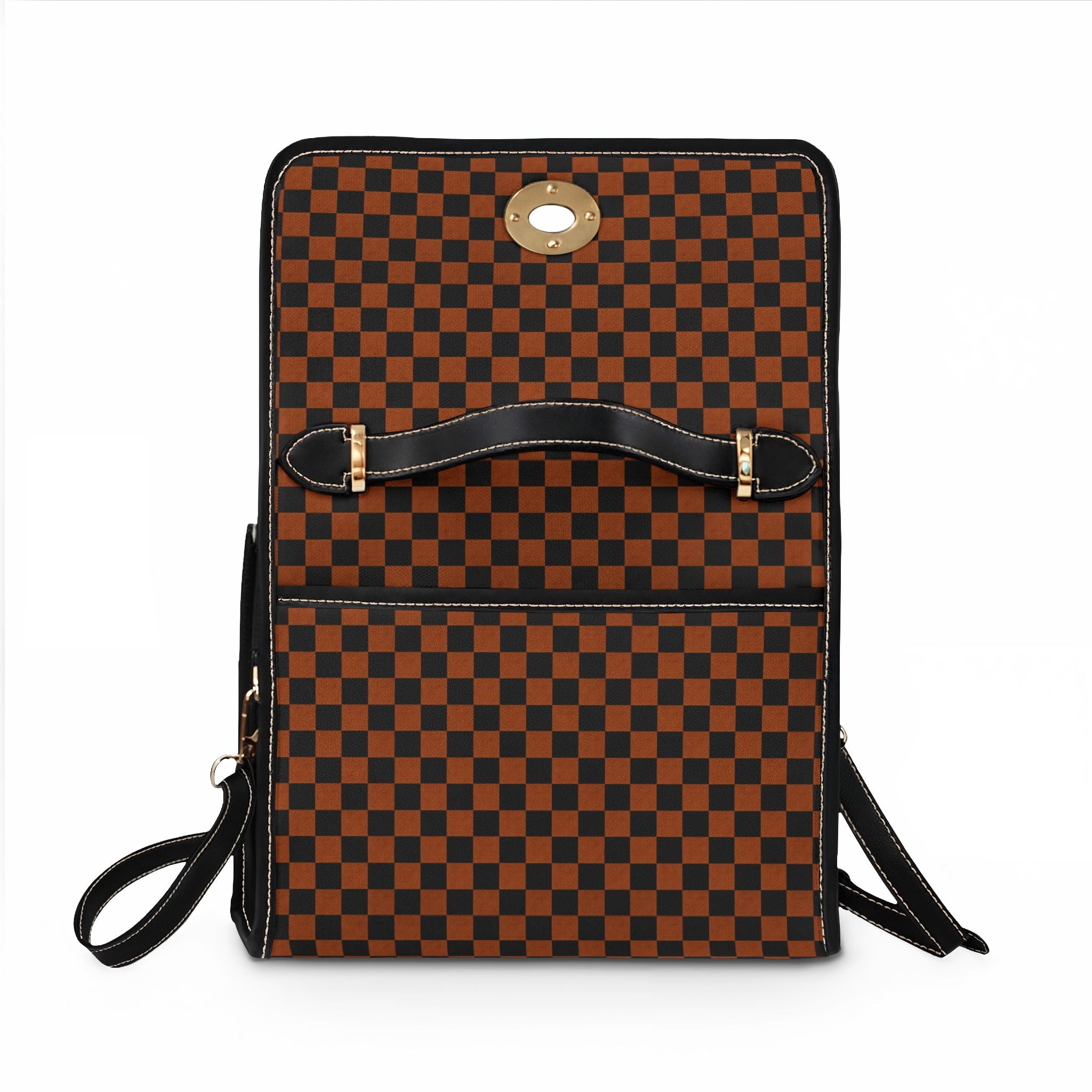 Brown Checkerboard Waterproof Canvas Bag | Top Handle Shoulder Bag