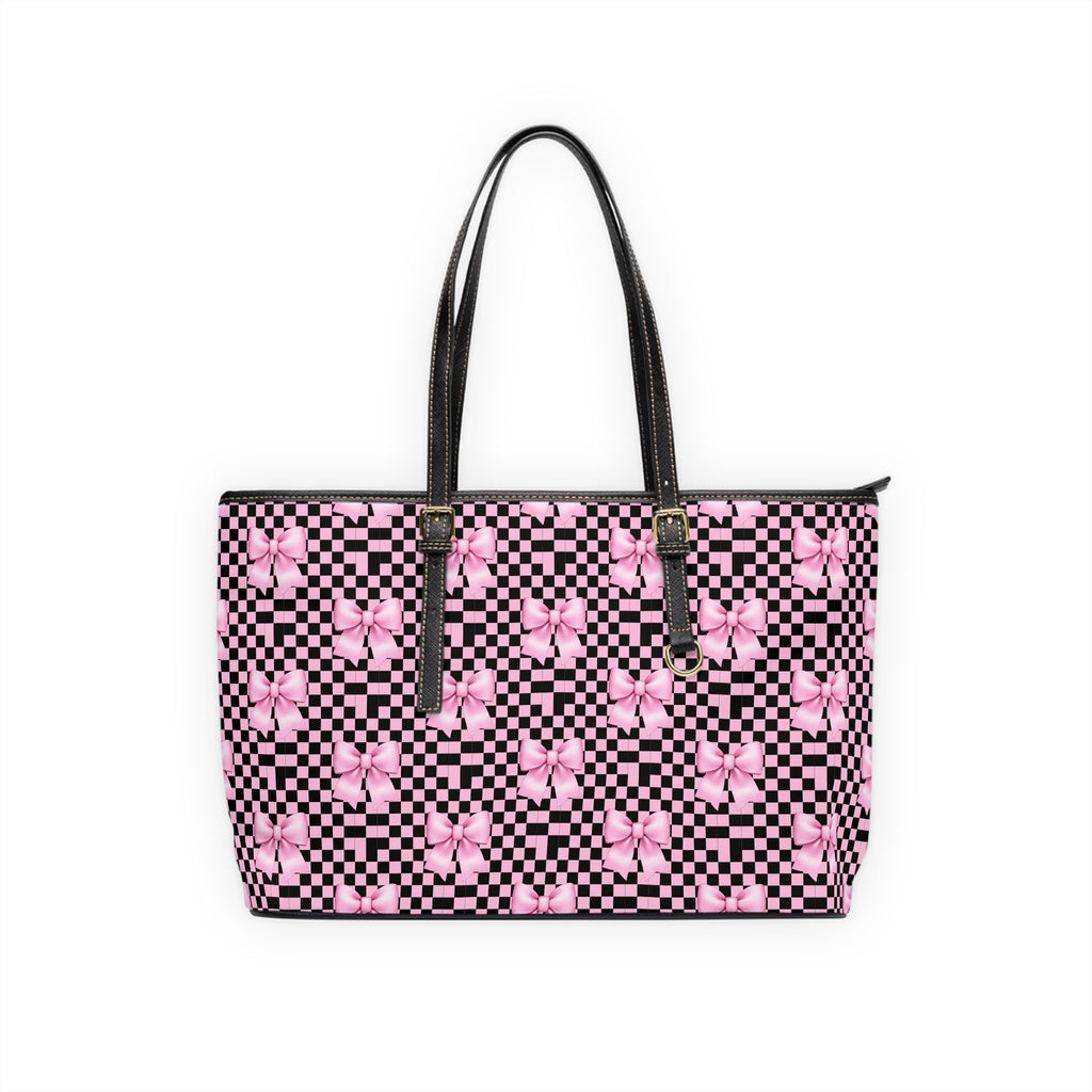 Pink Bow Checker Tote Bag — PU Leather Shoulder Tote