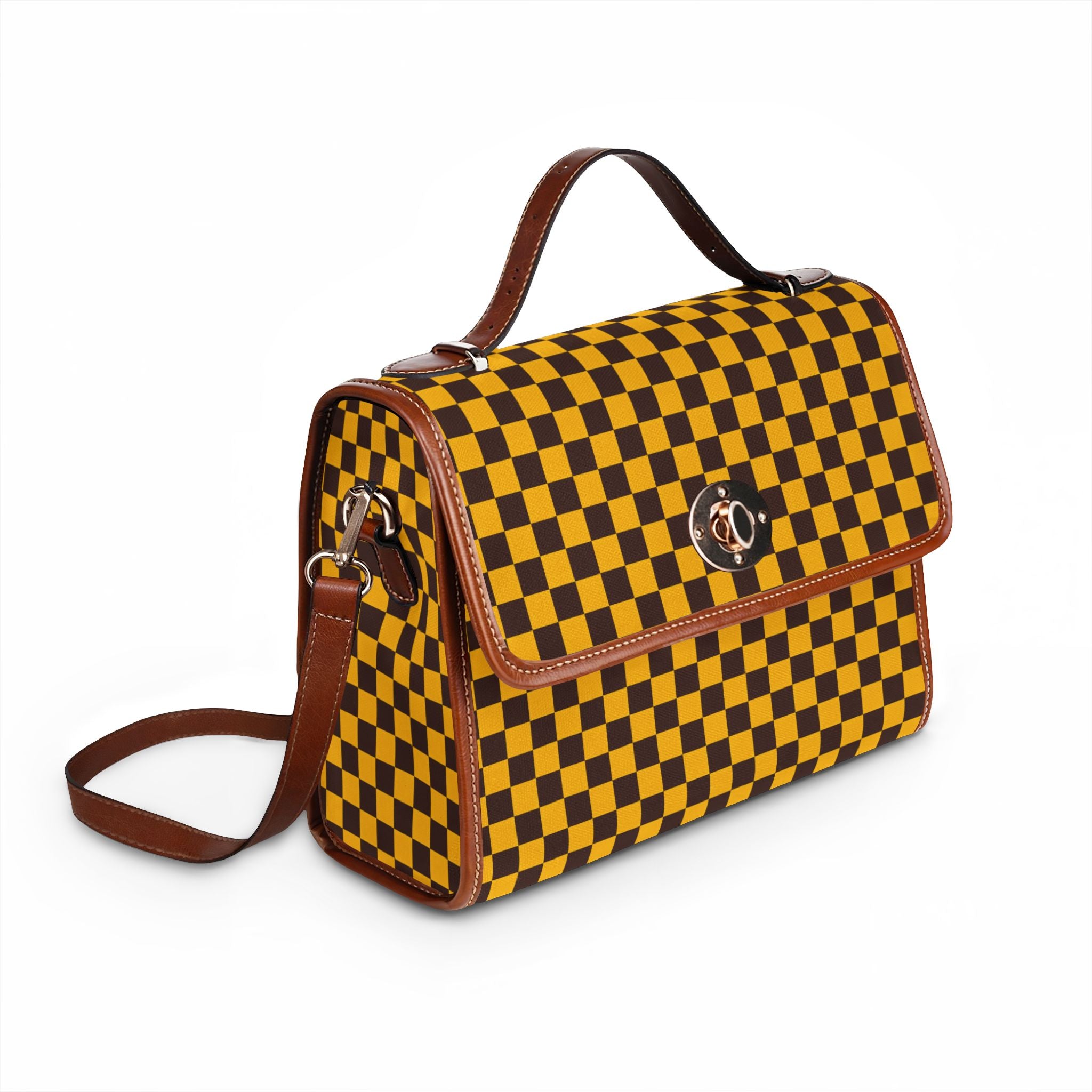 Yellow Black Checkerboard Waterproof Canvas Bag | Retro Grid Tote