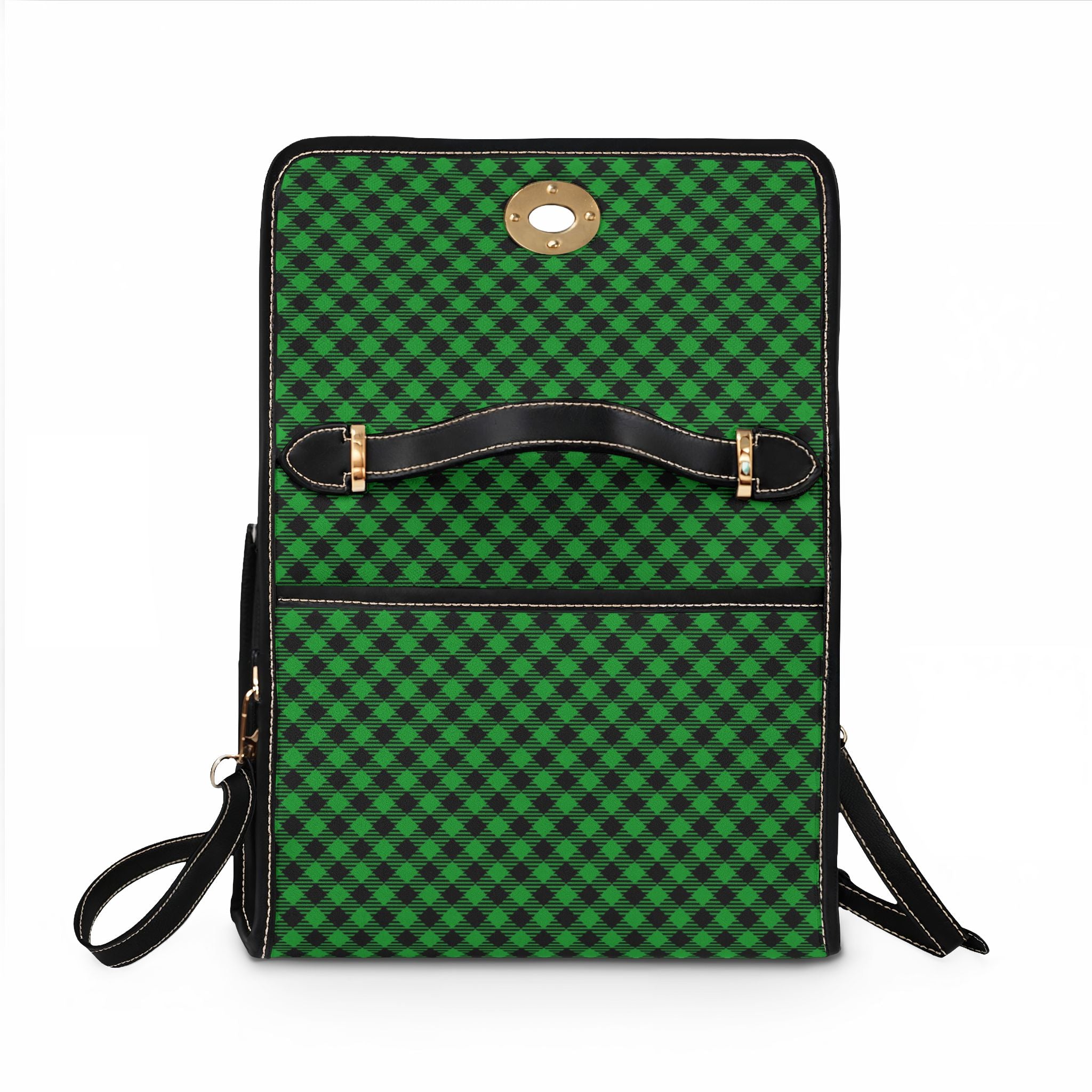 Green Buffalo Plaid Waterproof Canvas Bag | Checkered Shoulder Satchel