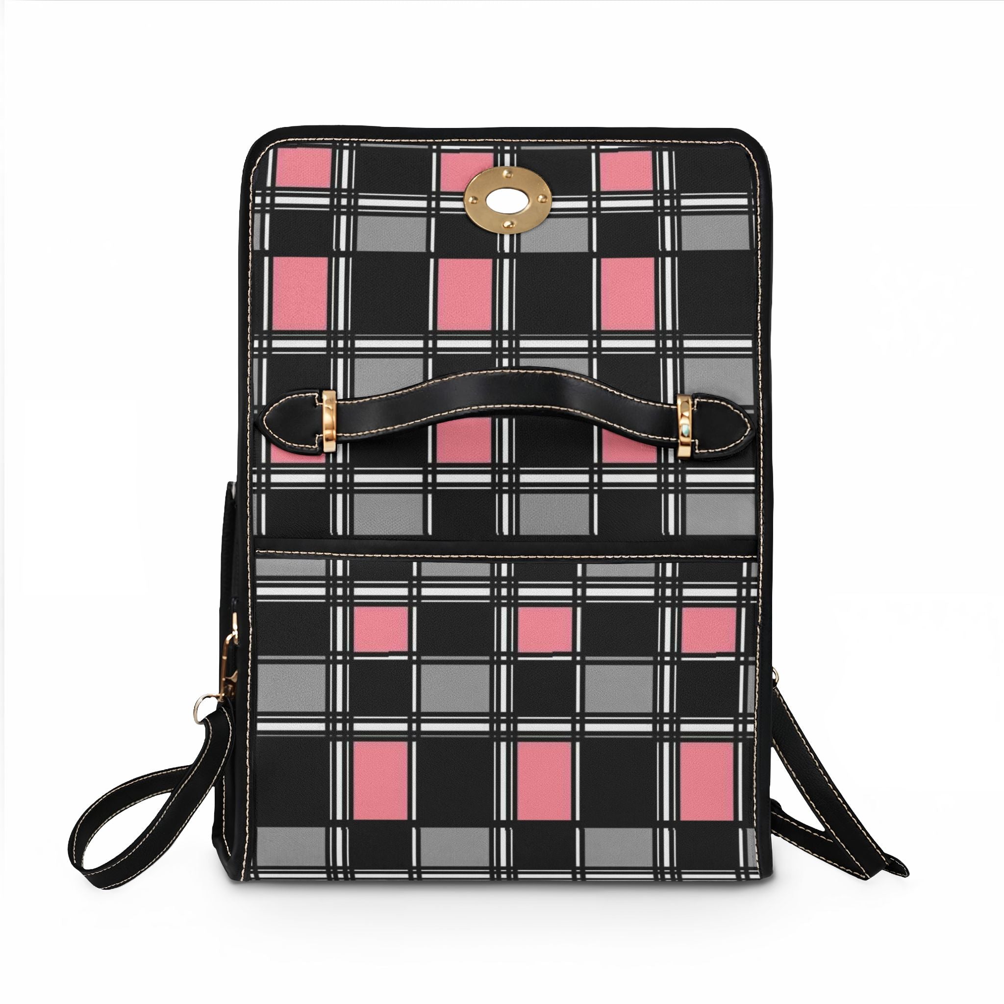 Pink Black Plaid Waterproof Canvas Bag | Checker Tote Purse