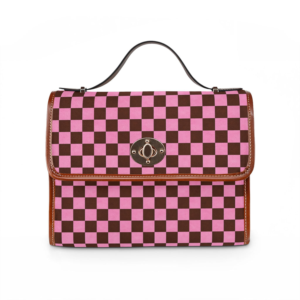 Pink Brown Checkerboard Waterproof Canvas Bag | Tote, Shoulder Bag