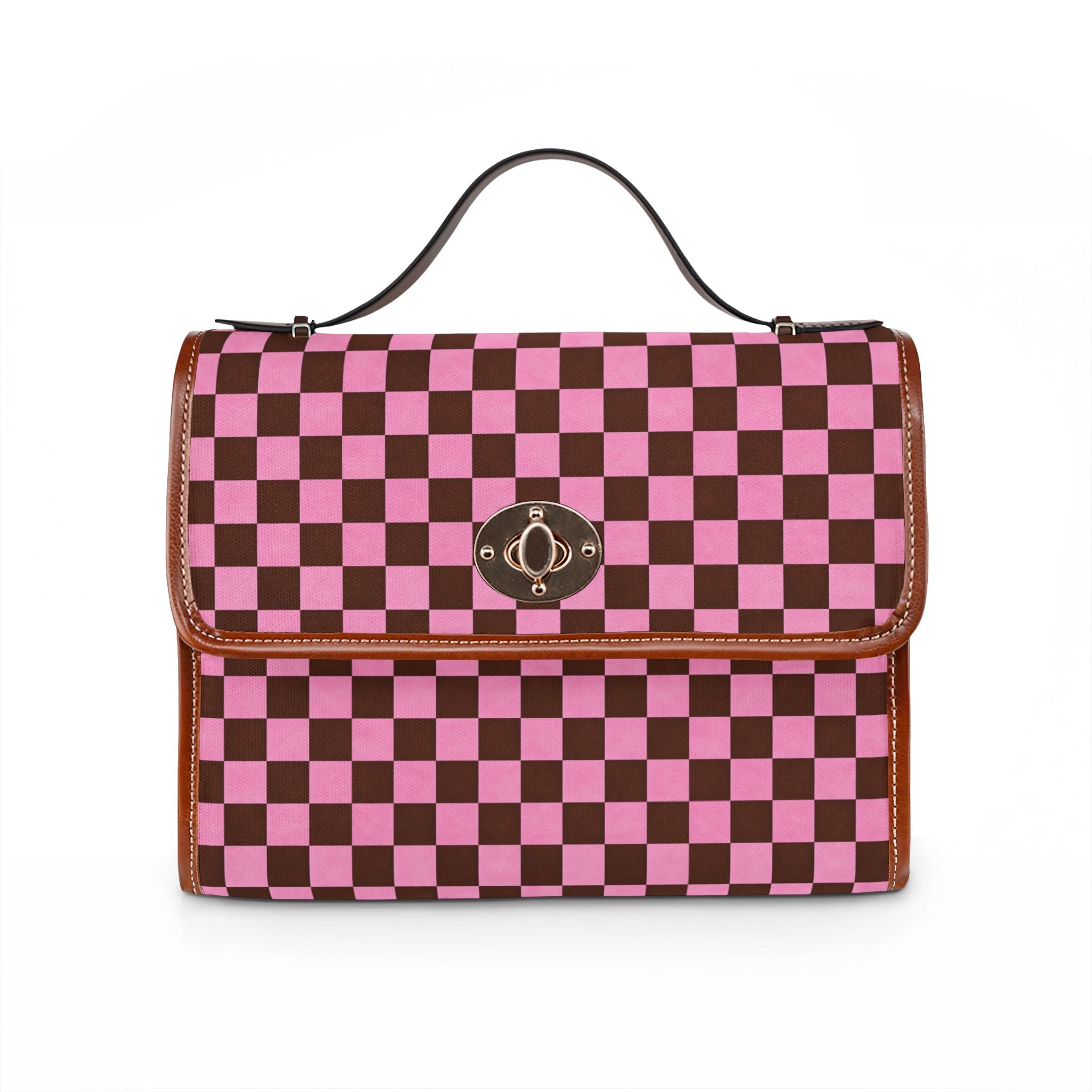 Pink Brown Checkerboard Waterproof Canvas Bag | Tote, Shoulder Bag