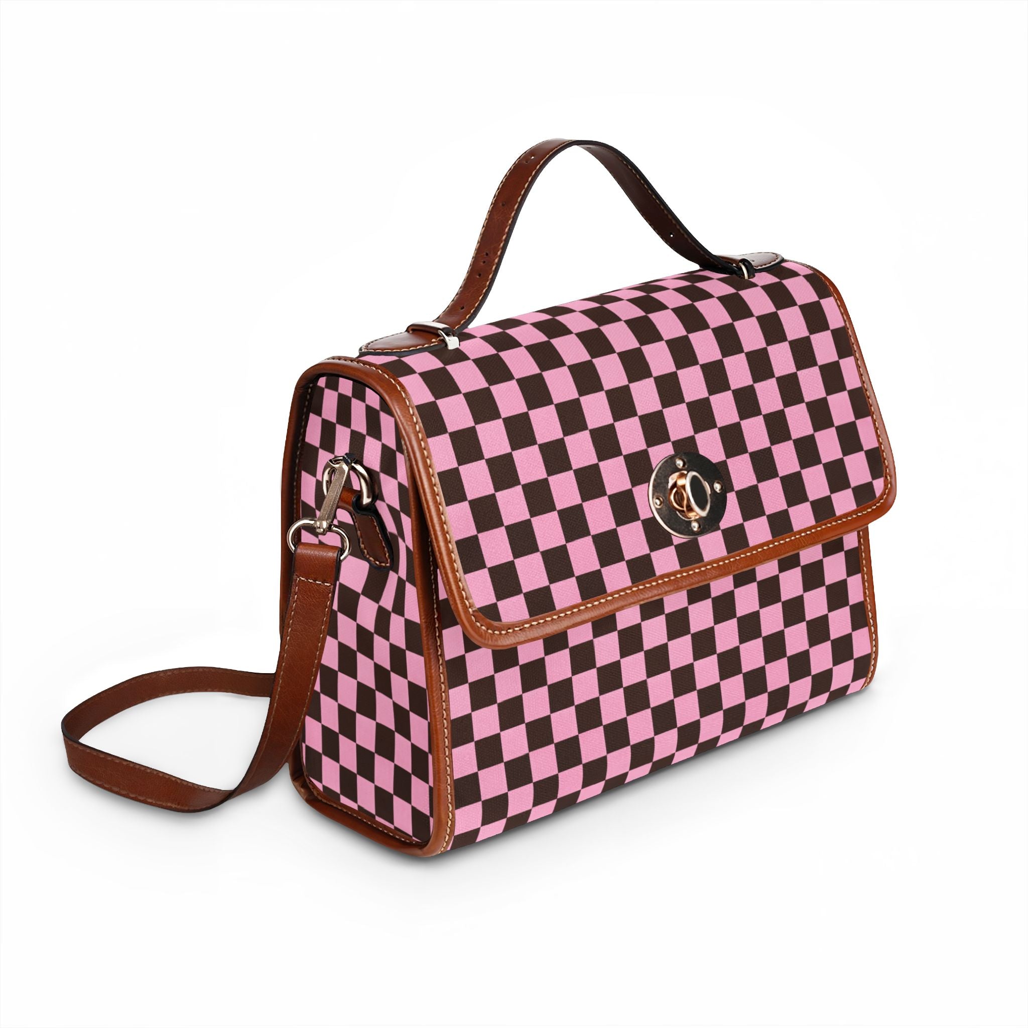 Brown and Pink Checkerboard Waterproof Canvas Bag