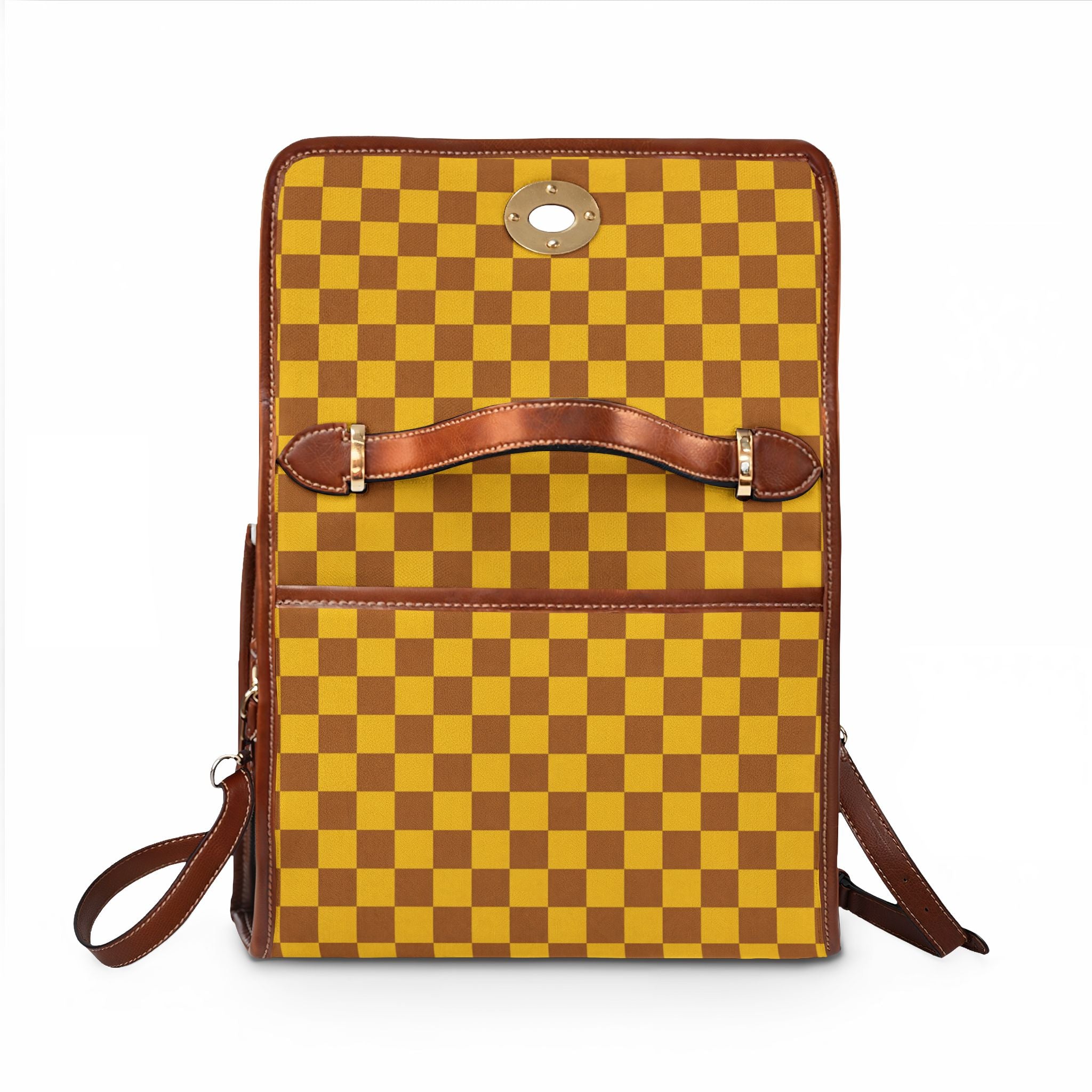 Yellow Brown Checkered Waterproof Canvas Bag | Checkerboard Satchel Tote