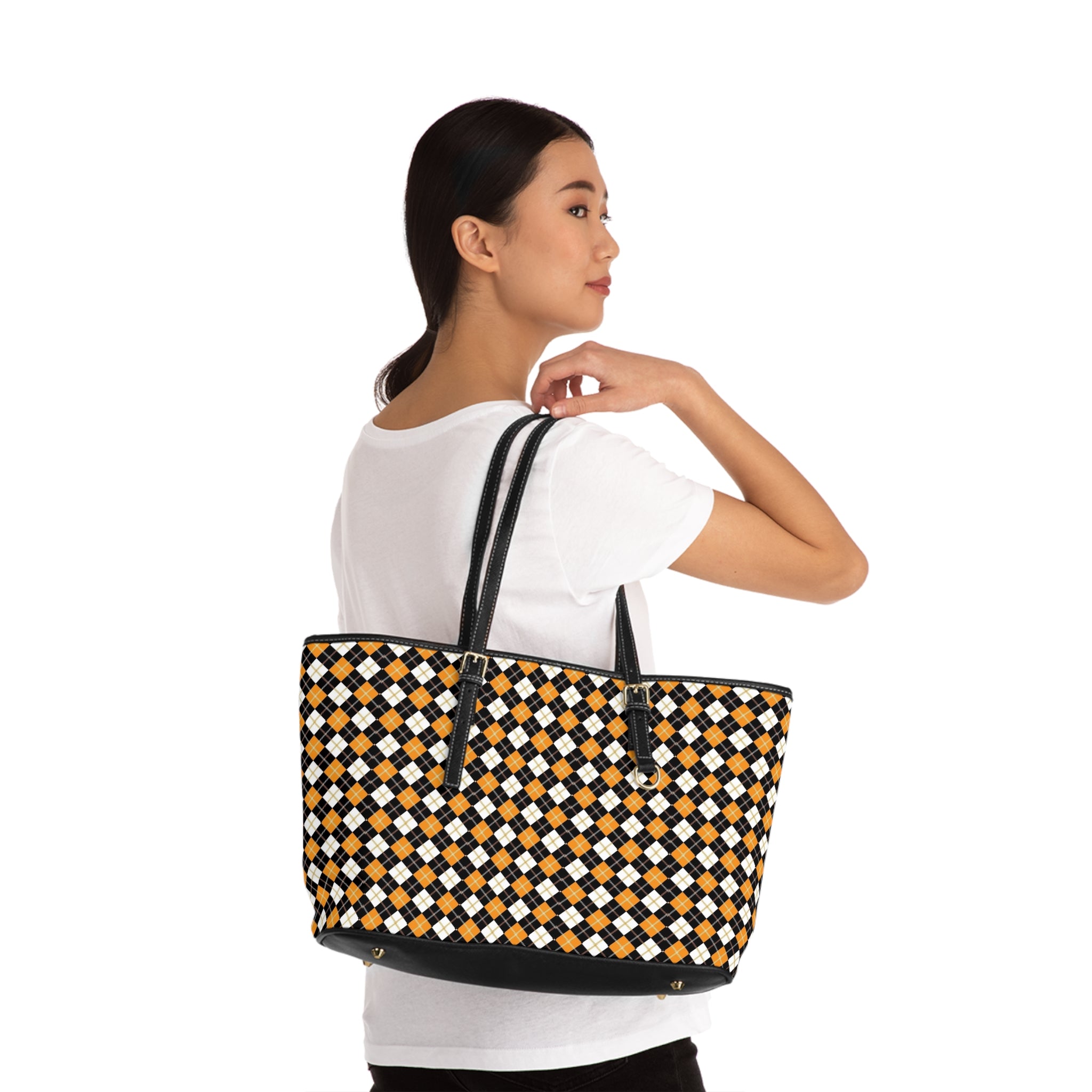 Black Orange White Argyle Pattern PU Leather Shoulder Bag | Plaid Tote